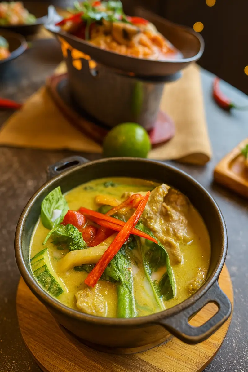 Thai green curry in a cast-iron pot with red chilli and Thai basil