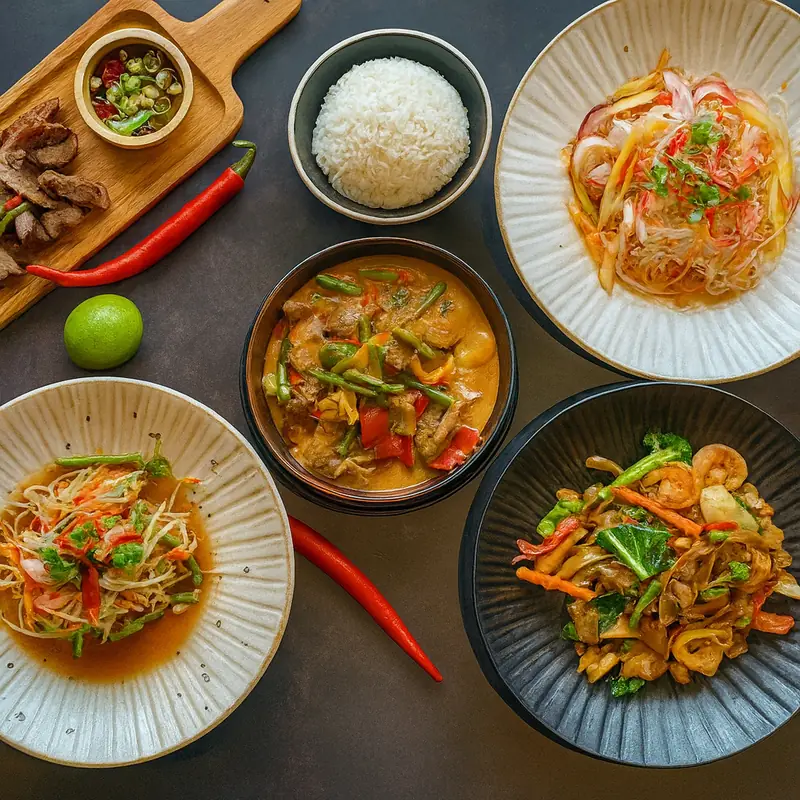 Overhead spread of Thai dishes – curry, papaya salad, noodles and jasmine rice with fresh chillies and lime